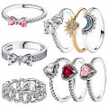 HOT Original 925 Sterling Silver Ring Bow Heart Sun Moon With Colorful Crystal Rings For Women Valentine's Birthday Gift DIY Jewelry. 