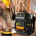 Multi Functional Black Color Tool Backpack Lock Feature Thickened Material Toolkit Wear-resistant Multiple Pockets Tool Bag Crossbody Carry. 