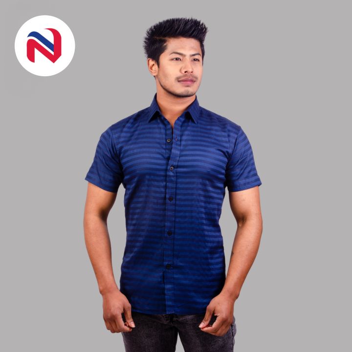 Nyptra Navy Blue Half Sleeves Premium Striped Cotton Shirt For Men - Fashion | Shirts For Men | Casual Shirts | Men's Wear |