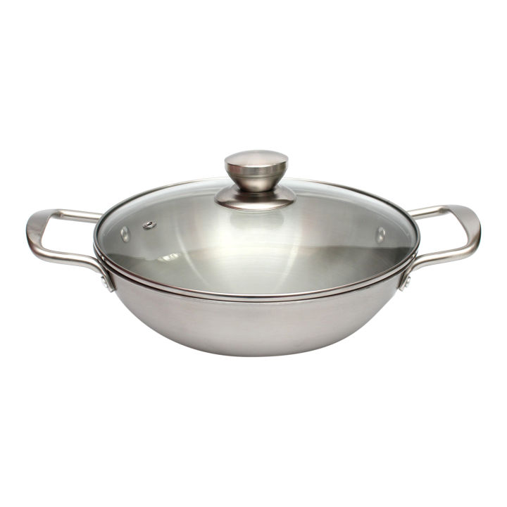 Chrome Color Three-ply Tanani Stainless Steel Karai 26 CM With Transparent Glass Lid