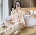 Printed 2Pcs Short Sleeve Pajama Set For Womens Summer Casual Silk Satin Button Sleepwear Ladies. 