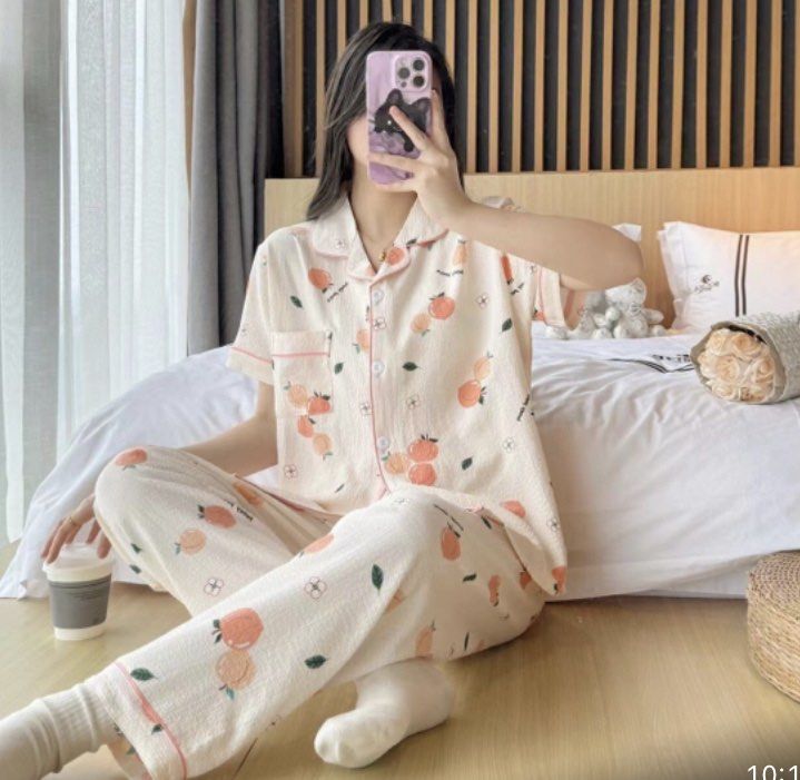 Printed 2Pcs Short Sleeve Pajama Set For Womens Summer Casual Silk Satin Button Sleepwear Ladies