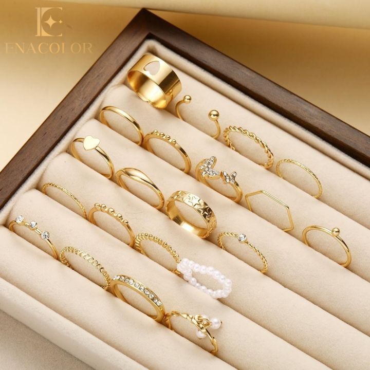 Enacolor 21Pcs/Set Fashion Jewelry Women Rings For Daily Life Delicate Crystal Hollow Love Heart Butterfly Finger Opening Rings Ins Hot