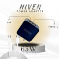 HIVEN USB-C Power Adapter | 65W PD Fast Charging | Black | Compact Wall Charger | Dash/SuperVOOC Compatible | High-Speed Charger with Included Type-C Cable | Safe, Efficient, and Travel-Friendly. 