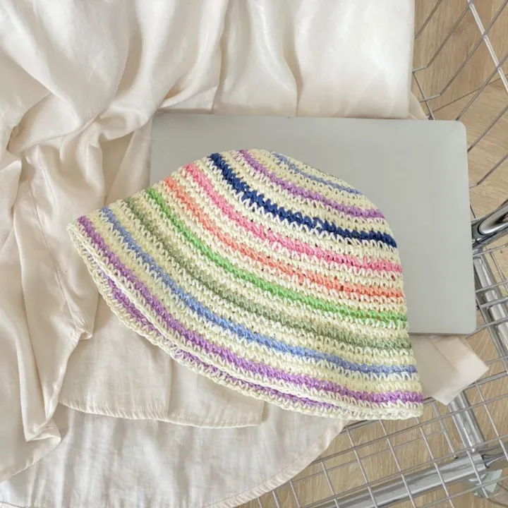 Fashion%20Summer%20Beach%20Straw%20Cap%20Women's%20Striped%20Rainbow%20Sun%20hat%20Handmade%20Wide%20Brimmed%20Bucket%20Hat%20Girls%20-%20Image%208