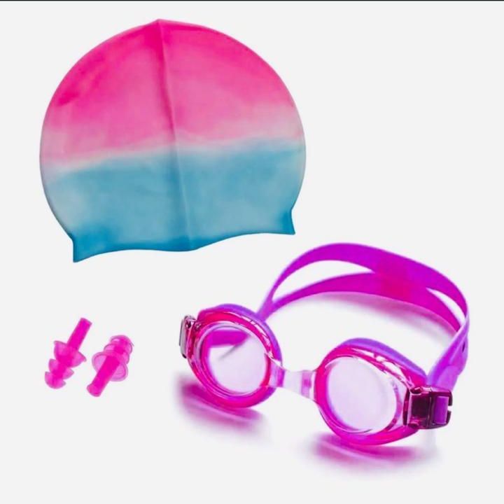 Unisex Combo Of Silicone Swimming Cap, Goggles And Ear Plug, (Colour May Vary)