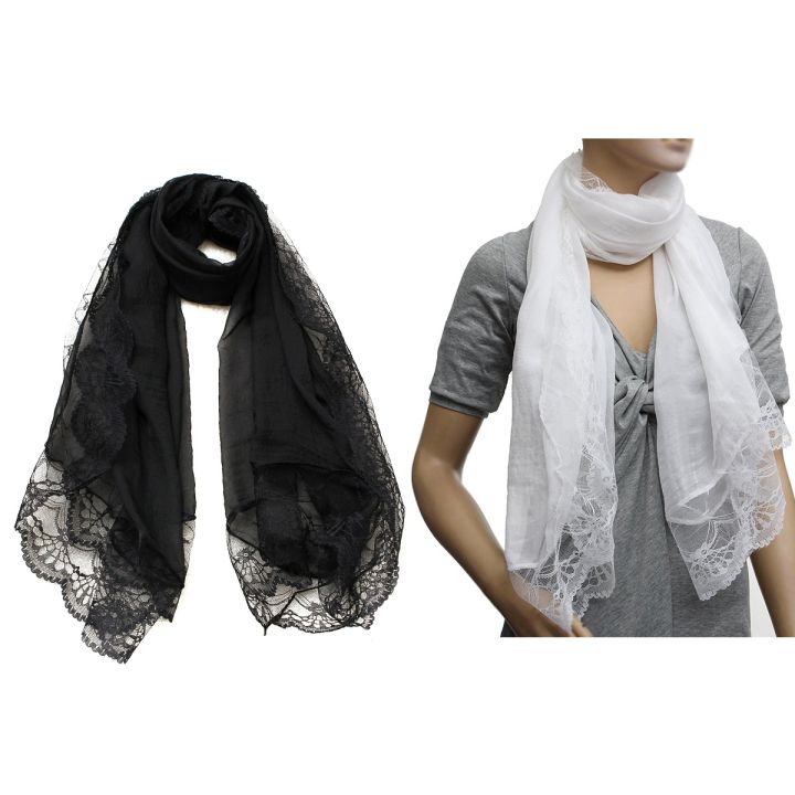 NAMUNY%202%20Pcs%20Woman%20Scarves%20Chiffon%20Lace%20Scarf%20Wrap%20Scarf%20Black%20&%20White%20-%20Image%203
