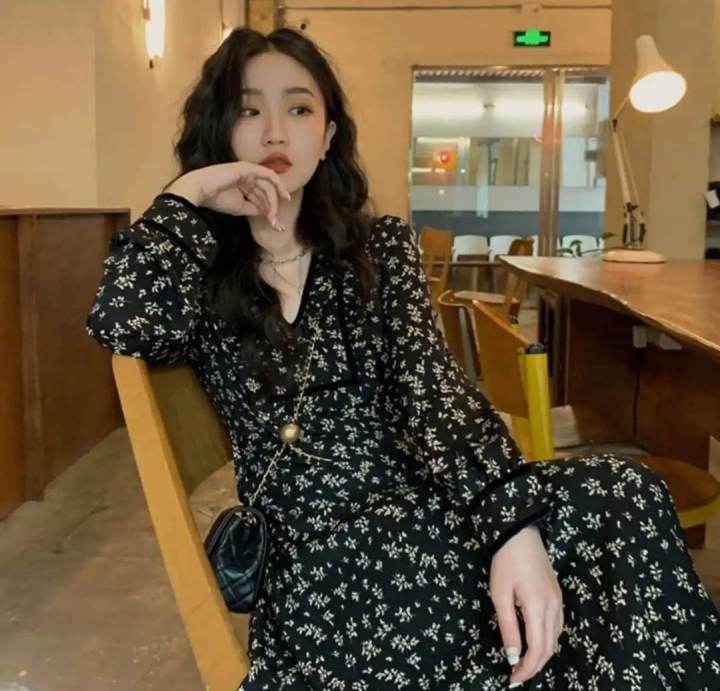 Elegant V Neck Women Floral Print Long Sleeve Dress For Women