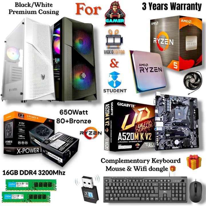 Best Budget Gaming PC With Ryzen 5 5600GT, Gigabyte B550M/A520M K V2 Board, 16GB 8*2 3200Mhz RAM, 512/256GB Gen3 2500E Nvme M.2 SSD