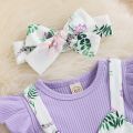 Newborn Baby Girls Summer Clothes Sets Ruffle Sleeve Top T-Shirt Floral Suspender Shorts Headband. 