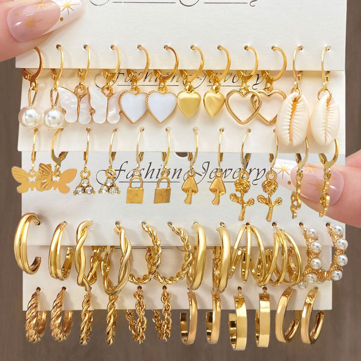 Gift Jewelry Stud Earrings Zircon Earrings Pearl Simia Wave Women's Set Earrings Simia Wave 24 Pieces Large Circle Ring Gold Vintage Heart