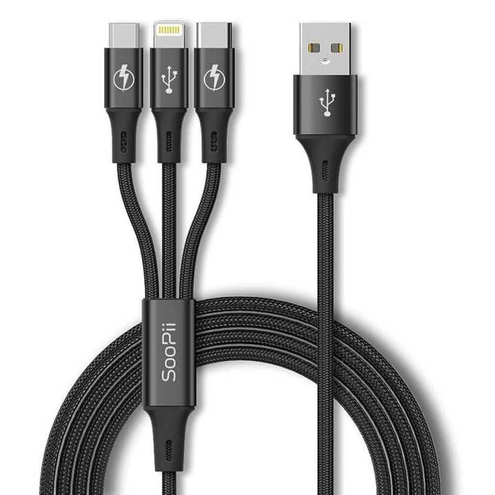 3 in 1 Multi USB Charging Data Cable for Car, Office, Traveling and Home - 1.2 Meter Long, 2.1 A Output, Charges 3 Phone at Same time