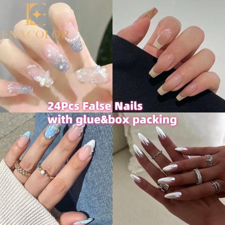【WITH GLUE】24Pcs Fake Nails Pattern DIY Art Design False Nails Wearable Nails Stylish Pattern Artificial Nails