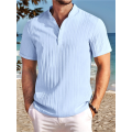 Men Casual Henley Tee Shirt Short Sleeve Band Collar Summer Beach Textured T-Shirt. 