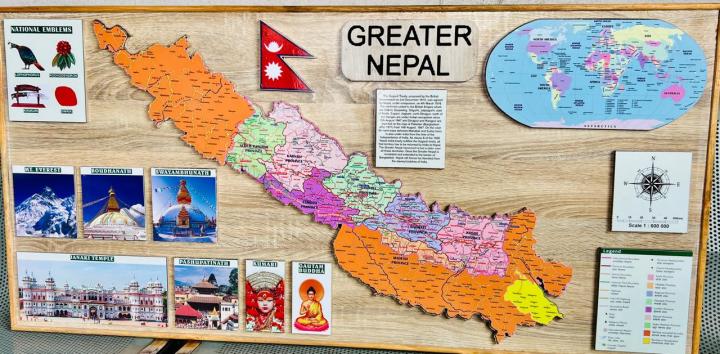 Greater Nepal Map Picture Craved in Wooden Frame Wall For School And Office