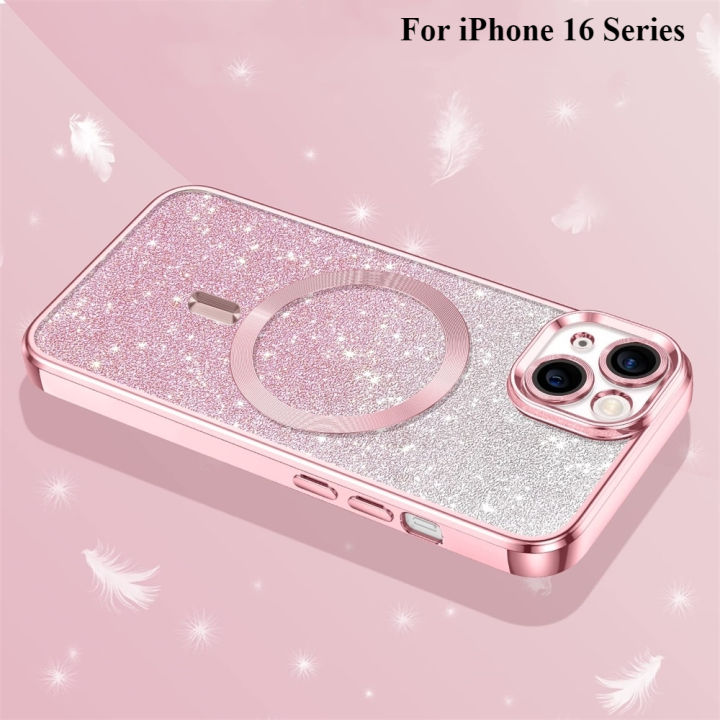 2025 New Luxury Shiny Plating Transparent HD Magnetic Wireless Charge Case for IPhone 16 15 14 13 Pro Max Plus for Magsafe Glitter Cover