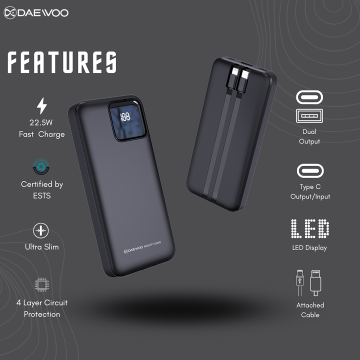 Daewoo%20Mighty%201000%20%7C%2010000%20mAh%20Power%20Bank%20%7C%2022.5W%20Fast%20Charging%20%7C%20Type%20C%20Output%20Input%20%7C%20Attached%20Cable%20Port%20C%20Lightning%20%7C%201%20Year%20Warranty%20%7C%20PD%20QC%203.0%20%7C%20Lithium%20Polymer%20-%20Image%202