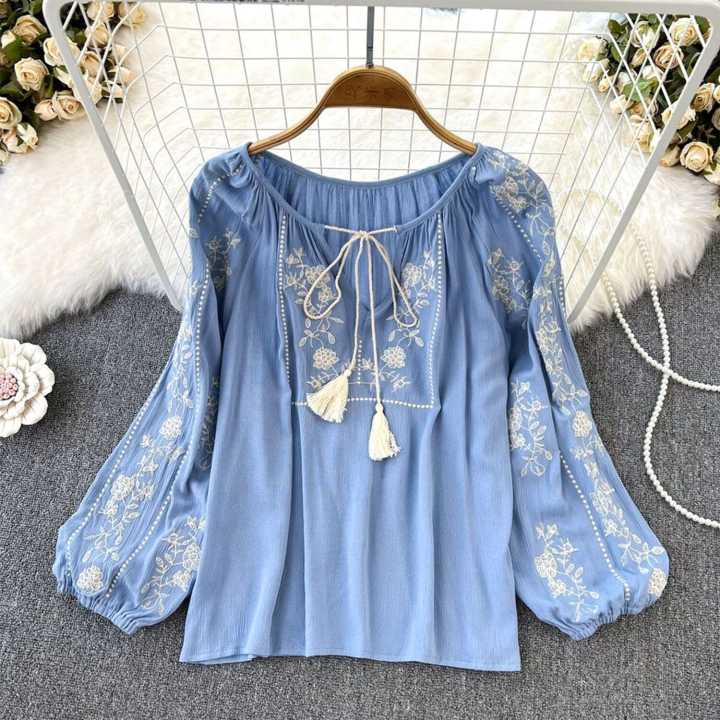 Summer Chic Y2K O-Neck Shirts Women Loose Fit Shirt Embroidered