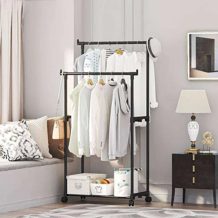 Movable Coat Rack Bedroom Hanger Pulley Shelf Storage Racks Simple ...