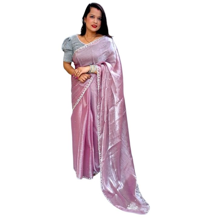Stone Embossed Cut Dana Work Jimmy Choo Pink Saree Party Wear