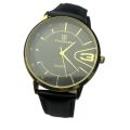 Watch Round Black Dial Stainless Steel Gold Dial Case  Leather Strap Waterproof Quartz Moment Casual Design Watch For Men. 