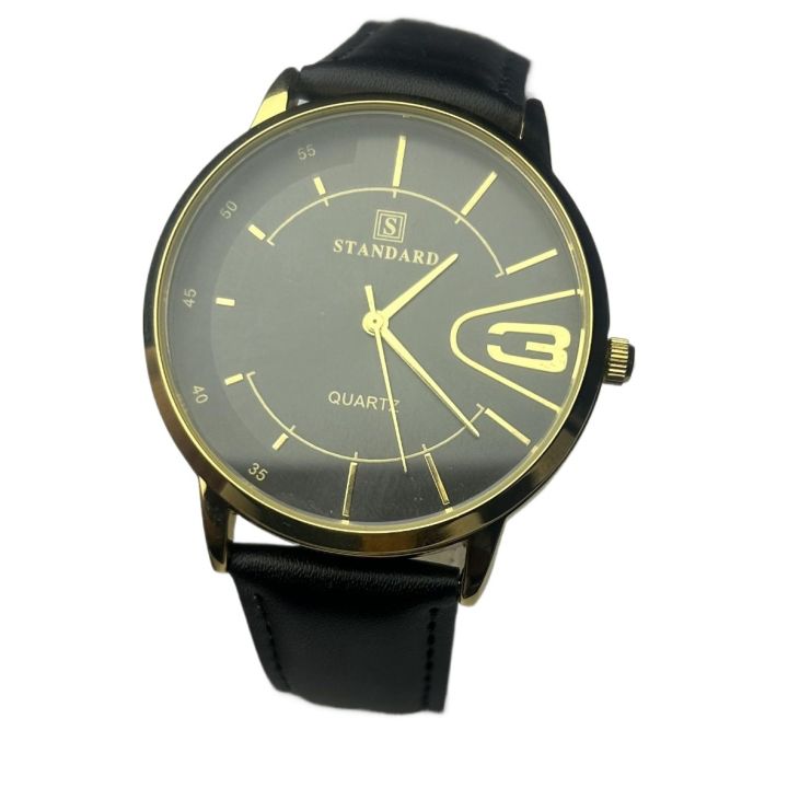 Watch Round Black Dial Stainless Steel Gold Dial Case  Leather Strap Waterproof Quartz Moment Casual Design Watch For Men