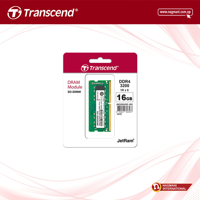 TRANSCEND - JM3200ASE- 16G -16GB JM DDR4 3200 SO-DIMM 1Rx8 2Gx8 CL22 1.2V - NAGMANI INTERNATIONAL