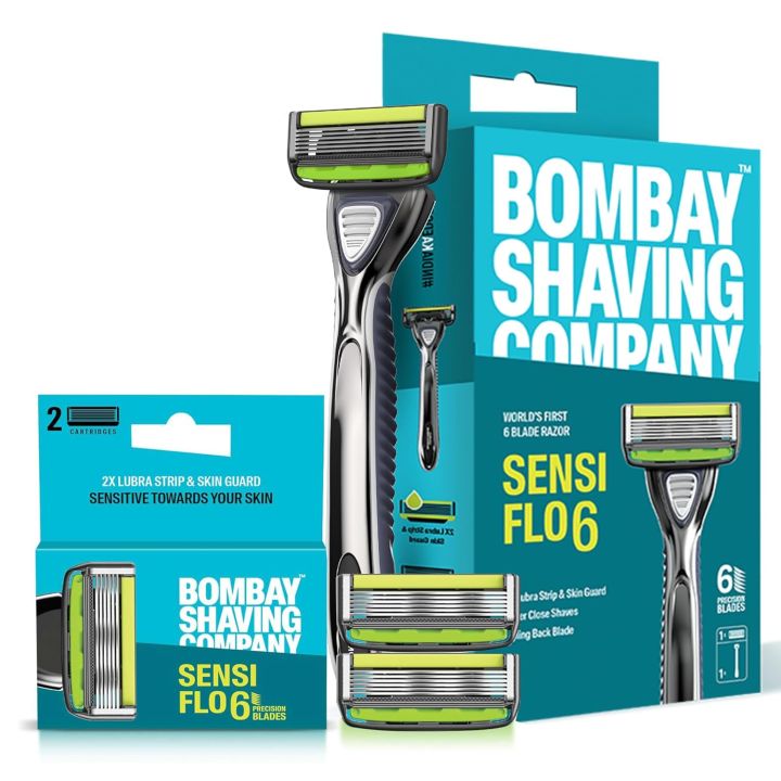 Bombay Shaving Company Sensi Flo 6 Value Pack (1 Razor with 3 Cartridge Refills) |6 Blade Razor for Men with Styling Trimmer Blade
