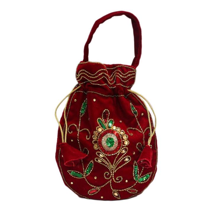 Red Floral Rhinestone Embroidered Thaili Bag For Women