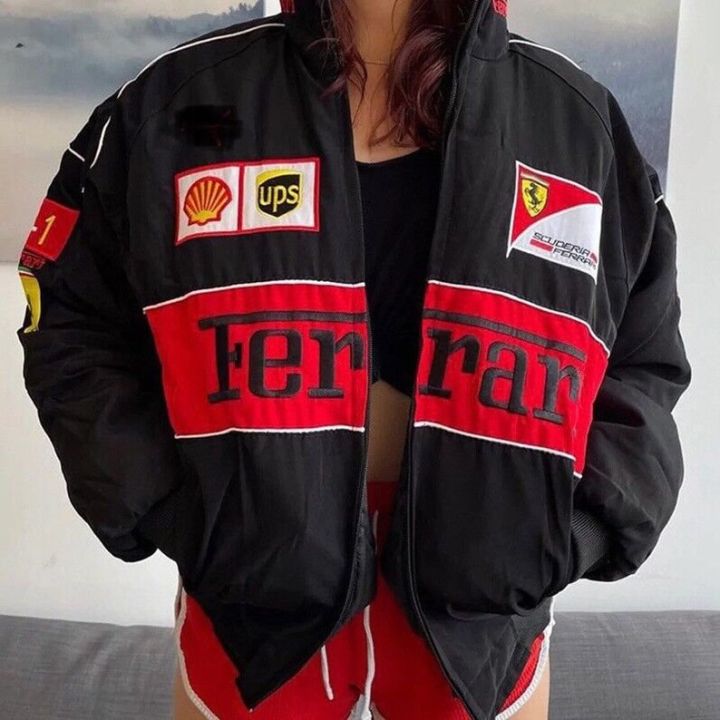 Summer New  Ferrari Vintage Racing Jacket  Embroidered Cotton Padded Rider Jackets | Printed | Trend Biker Outwear