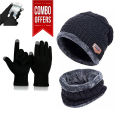 Woolen Beanie Cap Scarf And Touchscreen Gloves Set For _Men And _Women Stretch Warm Winter Cap, Winter Cap For _Men Stylish Latest/ Winter Cap For _Boys/ Winter Cap For _Girls/ Winter Cap For _Women (3 Pcs). 