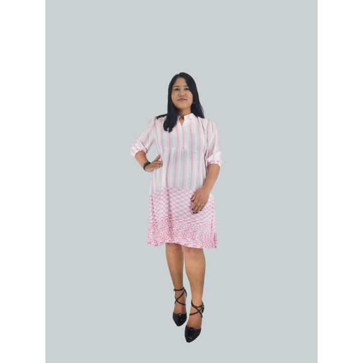 Pink Printed Chicken V-Neck Quarter Sleeve Printed Dress For Plus Size Women