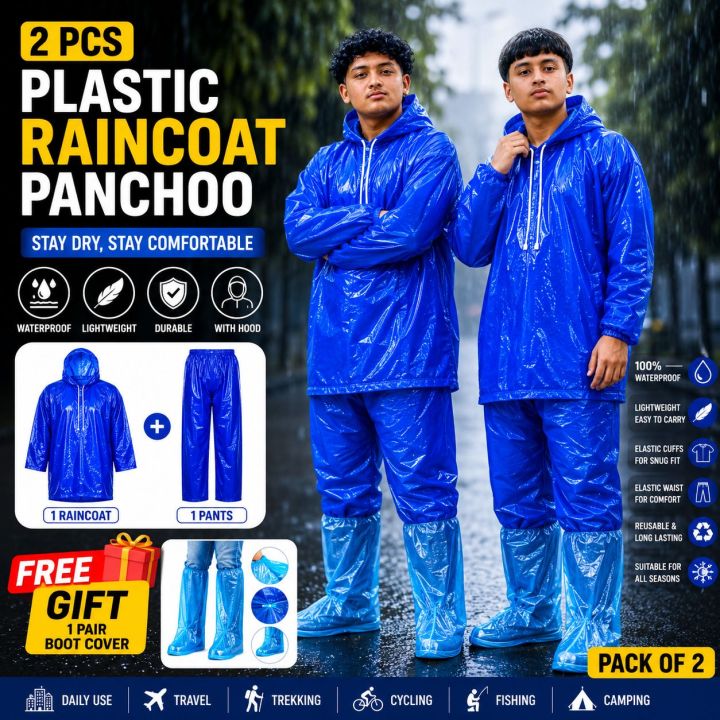 Waterproof Plastic Raincoat Panchoo Set with Pants & Free Boot Cover 1 Set 2 PCS | Reusable Heavy Duty Rain Wear for Men & Women | Fit 45–120 KG