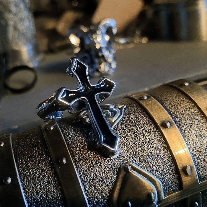 European and American Retro Personality Hip-Hop Fashion Cross Ring for Men and Women, Oil Drip Punk Trendy Handmade Ancient Style Ring