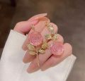 Pink Crystal Rose Asymmetric Drop Earrings. 
