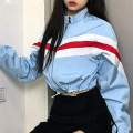 2021 Spring Autumn Panelled Strip Patchwork Bomber Women Jackets Stand Collar Long Sleeve Drawstring Waist Zipper Crop Tops.. 