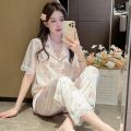 New summer ice silk sweet peach lace pajamas women's summer short sleeve trousers can be worn over the loungewear set. 