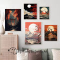 Arts, home decoration, pattern, crown, crane, ink, wind, Japanese nature, landscape, watercolor painting, poster, mountain grid, canvas painting, wall art. 