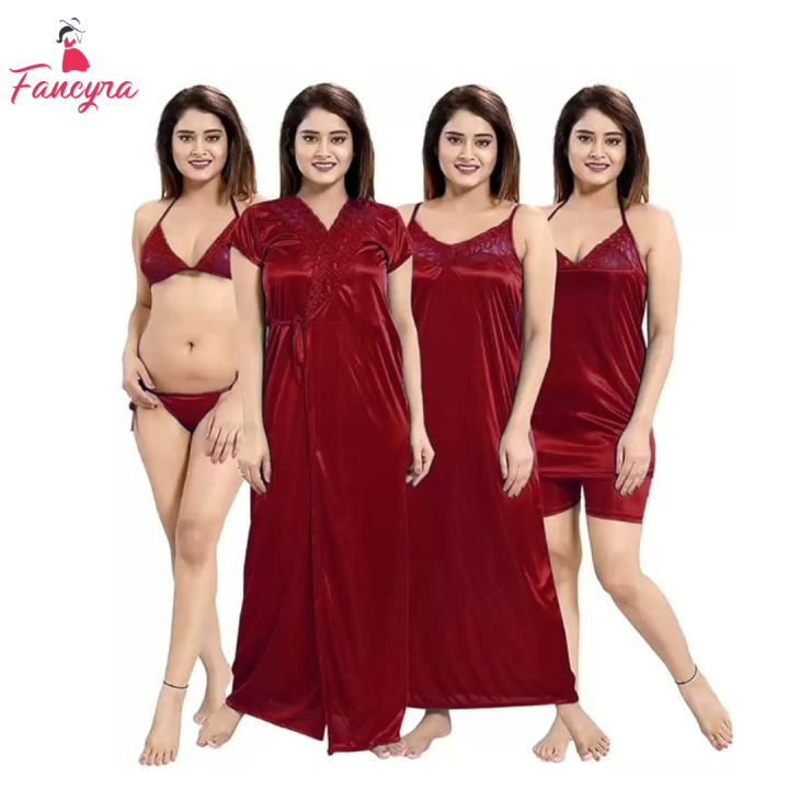 Fancyra Women  Night dress Night Wear Solid Satin  Nighty Pack of 4