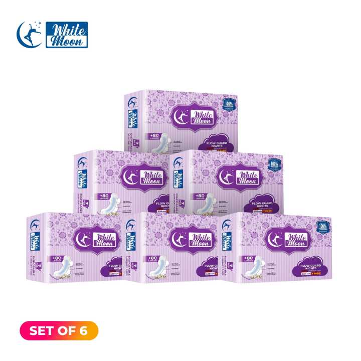 Whitemoon Fluffy Trifold Series Flow Guard Night 320MM Sanitary Pads 7 Pcs Pack of 6
