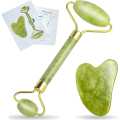 Jade Roller And Gua Sha Set For Beautiful Skin Detox - Facial Body Eyes Neck Massager Tool Reduce Wrinkles Aging - Original Natural Jade Stone. 
