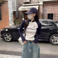 40 count cotton thread, 95 cotton 5 spandex long sleeve T-shirt, women's autumn slim design, zipper short shoulder top. 