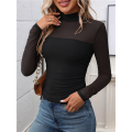 Women'S - Mock Turtle Neck Long Sleeve Tops Sheer Mesh Ruched Trendy Going Out Shirts Blouse. 