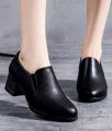 Fashion Elegant Deep Mouth Soft Leather Shoes Women Fall Spring 2026 Black Block Med Heels Pumps For Ladies Office Casual Work. 