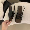 Retro Summer Buckle Sandals Elegant Square Toe Women Flat Sandals French Beach Roman Shoes Girls. 