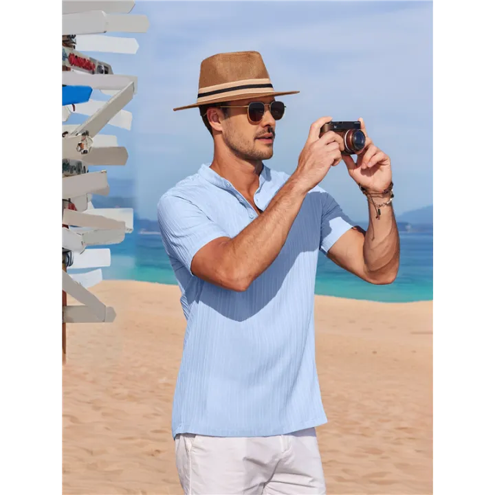 Men%20Casual%20Henley%20Tee%20Shirt%20Short%20Sleeve%20Band%20Collar%20Summer%20Beach%20Textured%20T-Shirt%20-%20Image%207