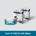 MumBuds USA Ultrathin Baby Diapers Newborn (2–5kg) – 22 pcs (Pack of 2) Tape Style + 100 pcs Baby Water Wipes | Ultra Soft, Breathable & Sensitive Skin Safe Baby Care Combo Pack. 