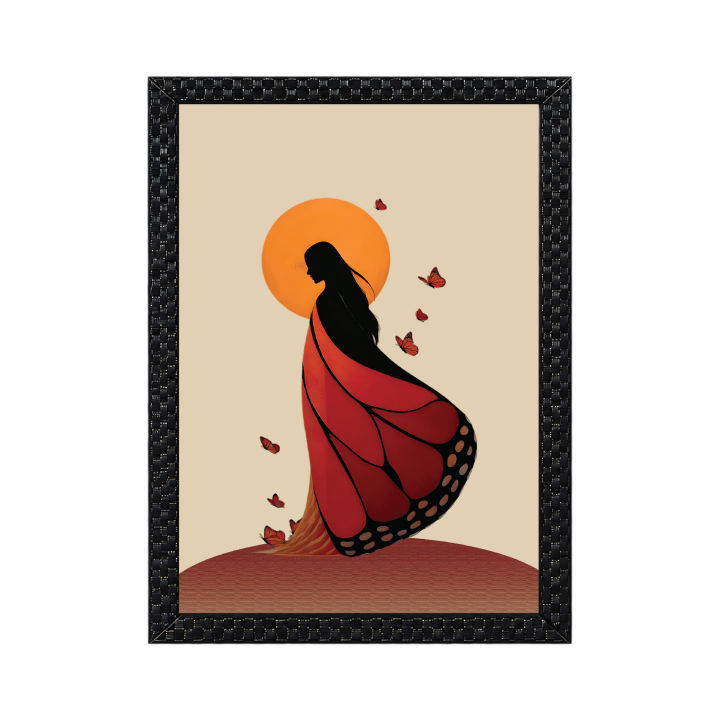 Woman with Butterfly Wings- Matt Laminated Printed Poster with Checker frame- one Piece Frame