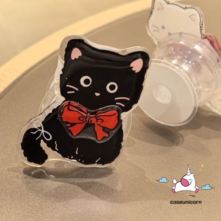 Trendy Universal Phone Case Bracket Funny Black Kitten AirBag Phone Holder Creative Adhesive Drop Glue Retractable Stand Cartoon Litten Cat Cute Puppy Painting Phone Stand Support