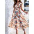Women'S Summer Wrap Maxi Dress Floral V Neck Short Sleeve Wedding Guest Party Casual Dress. 